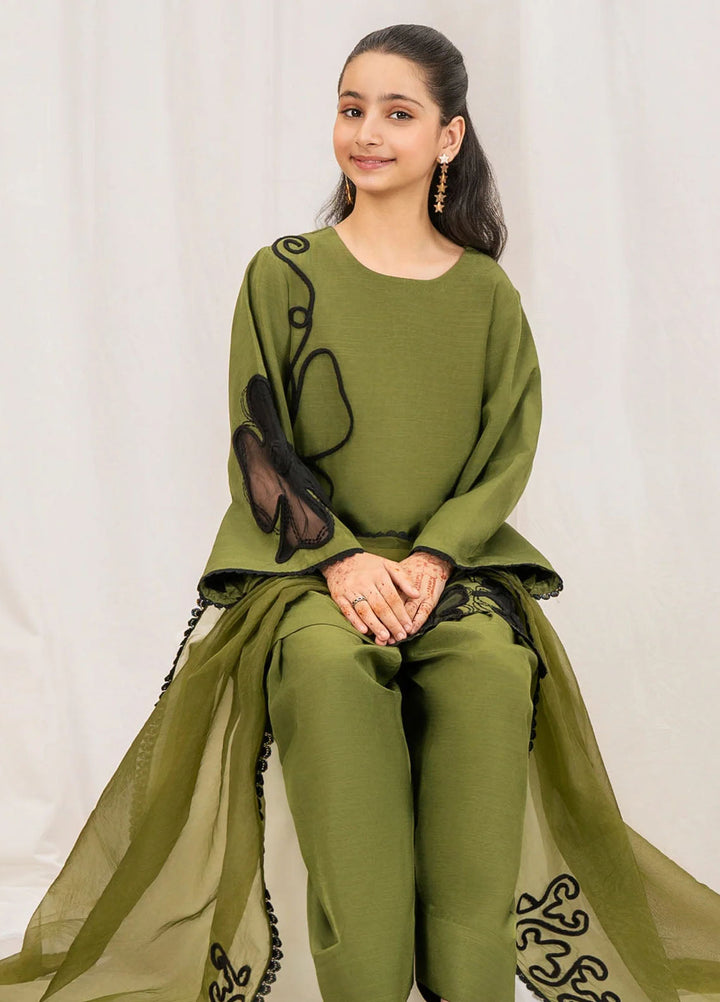 Fozia Khalid Pret Embroidered Silk 3 Piece Suit Olive Kids