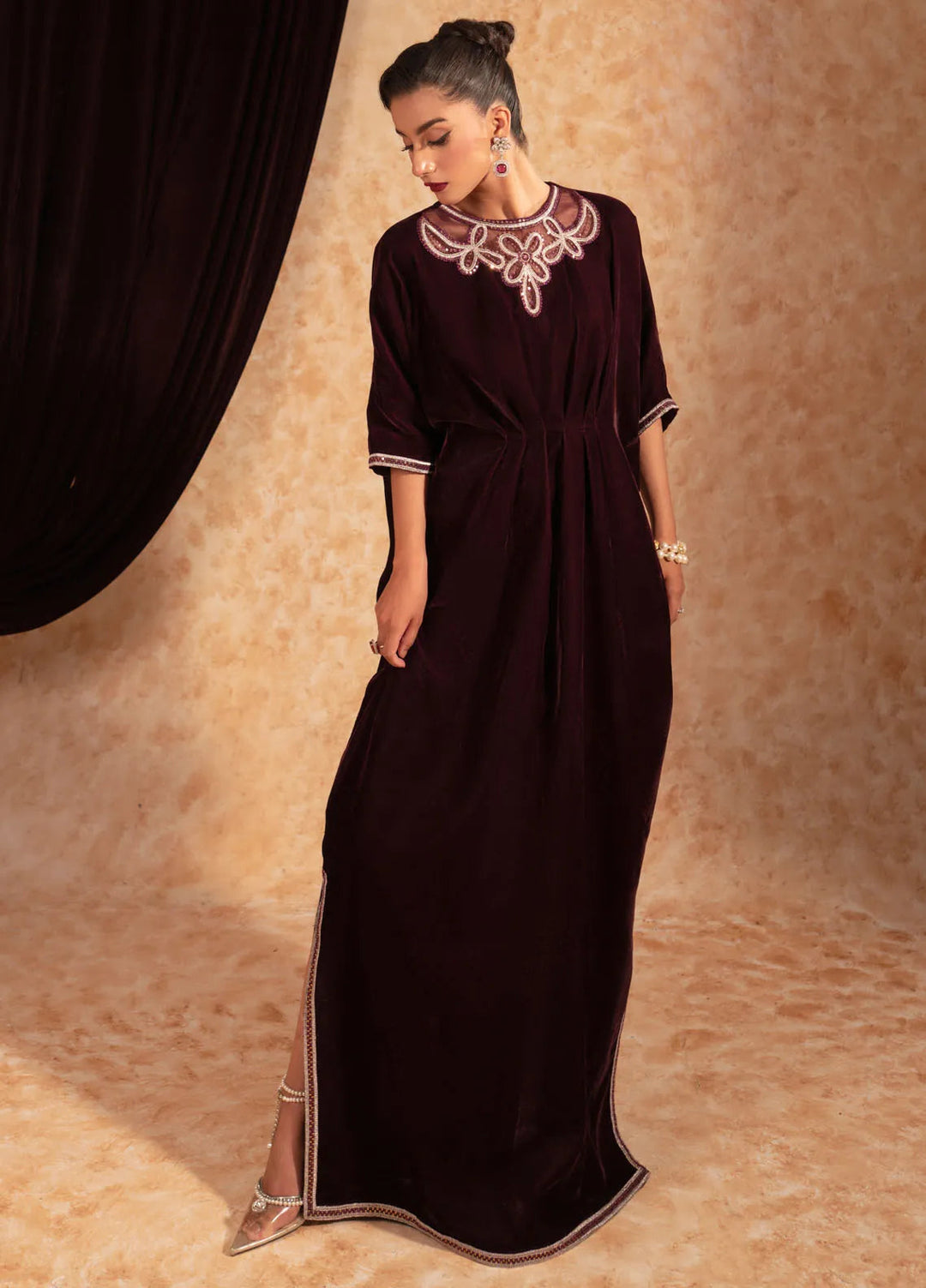 Fozia Khalid Pret Embroidered Velvet Kaftan Ruby