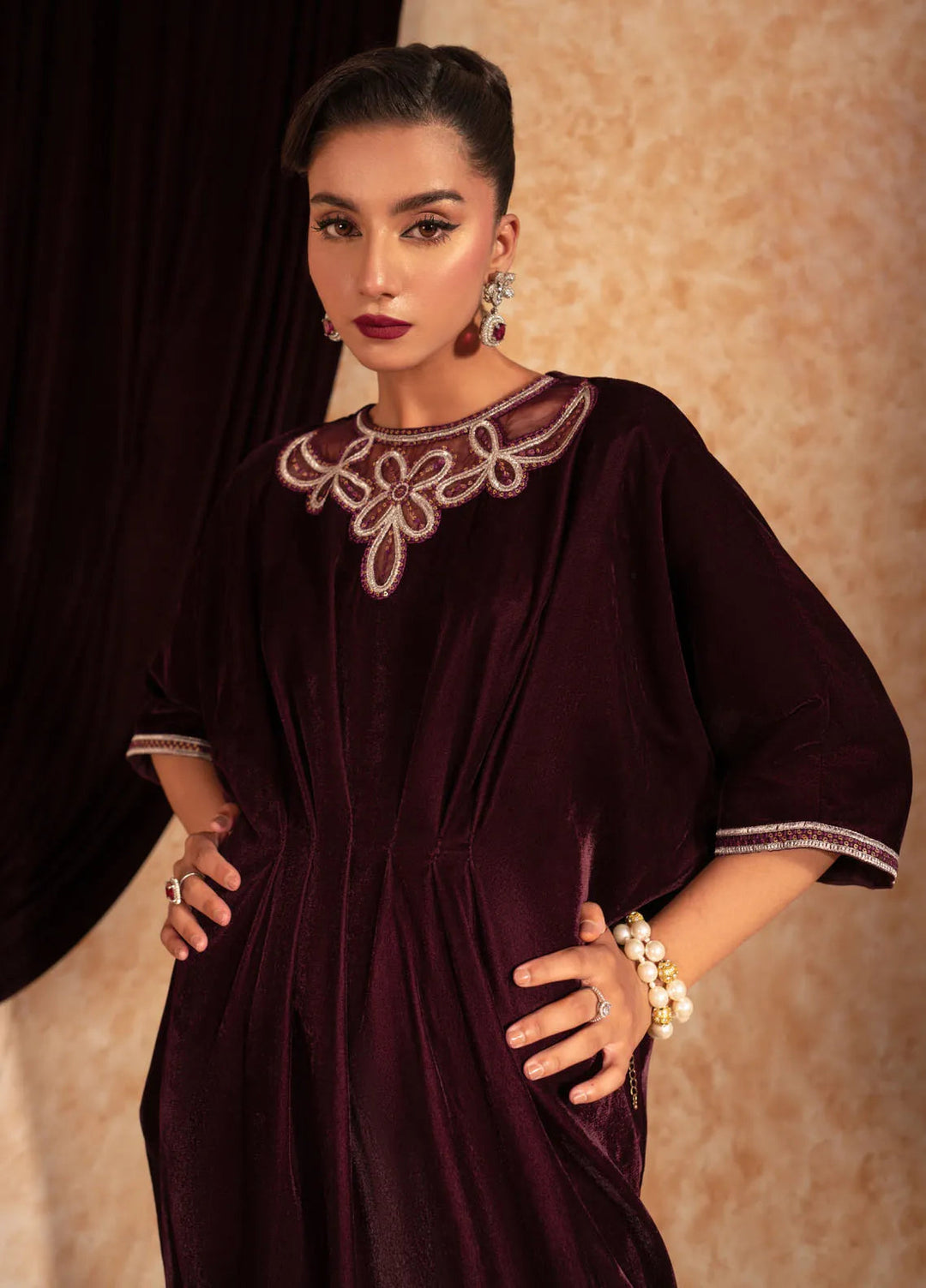 Fozia Khalid Pret Embroidered Velvet Kaftan Ruby