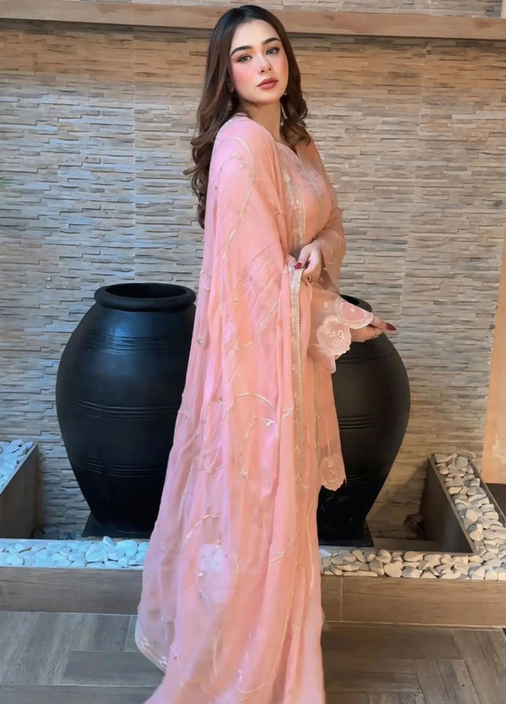 Fozia Khalid Pret Embroidered Organza 4 Piece Suit Peach