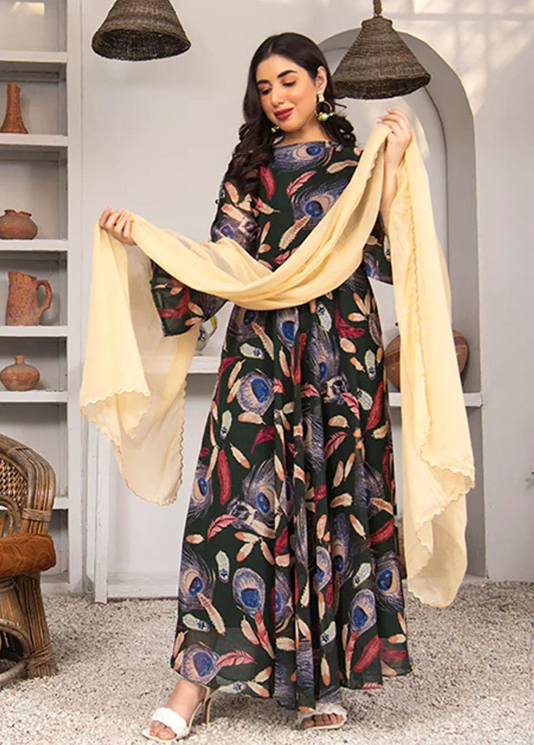 Nazmina Pret Printed Chiffon 2 Piece NZ23F FR-637 Peacock Leafs