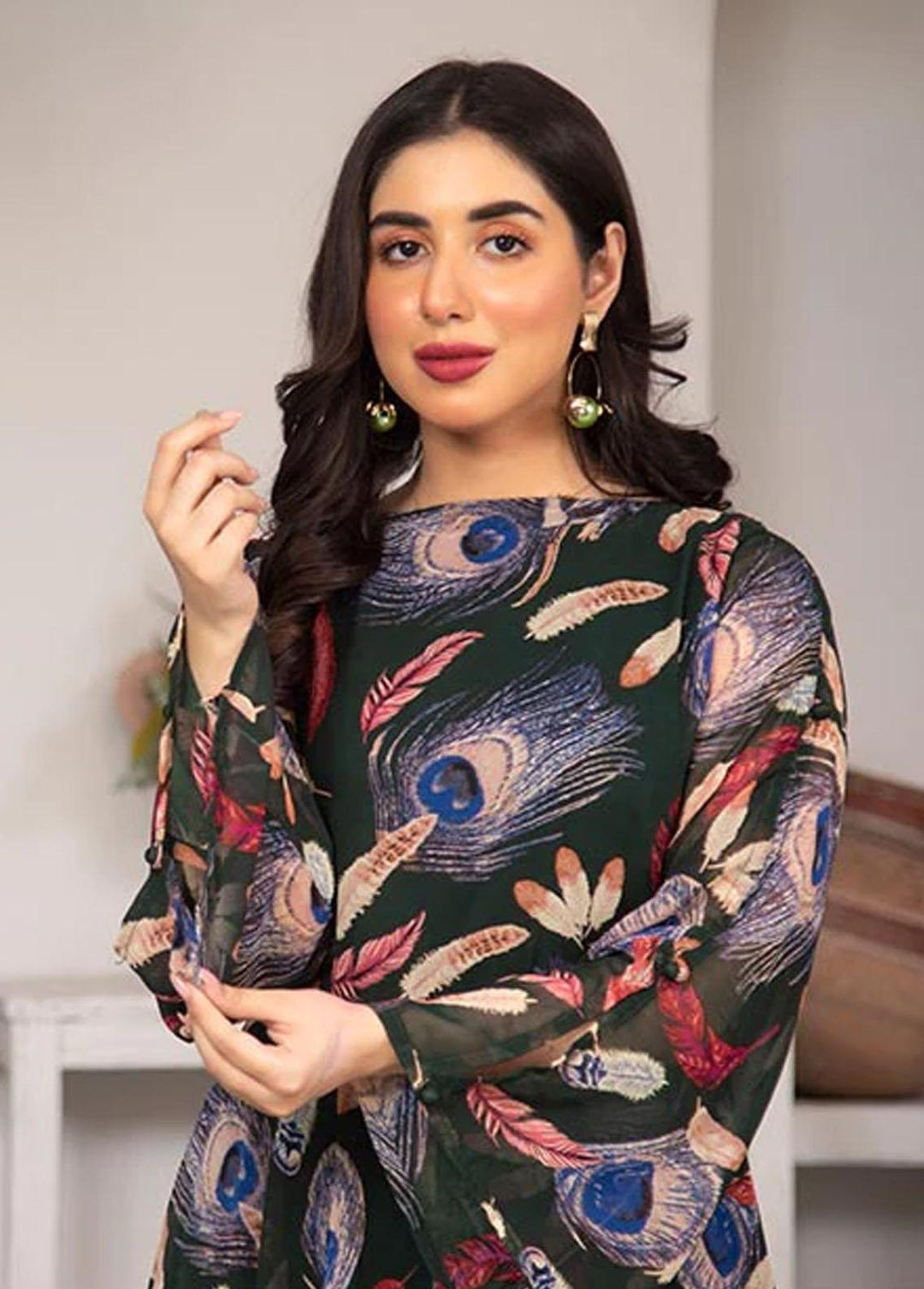 Nazmina Pret Printed Chiffon 2 Piece NZ23F FR-637 Peacock Leafs