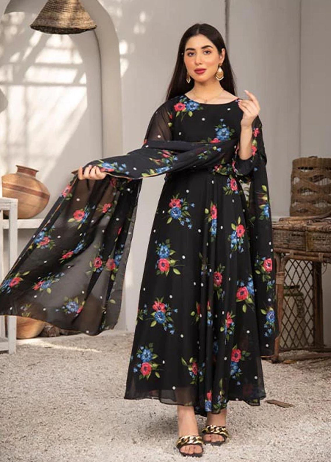 Nazmina Pret Printed Chiffon 2 Piece NZ23F FRT-03 Dark Tulips