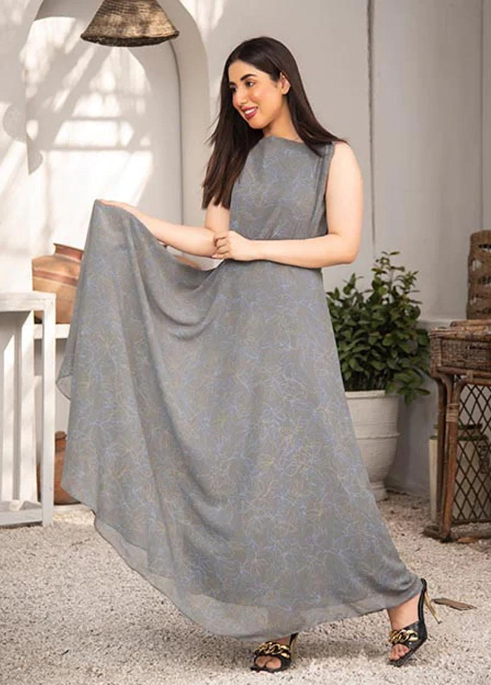 Nazmina Pret Printed Chiffon 2 Piece NZ23F FRT-07 Granite Dress