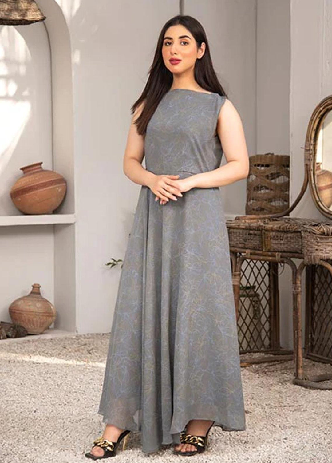 Nazmina Pret Printed Chiffon 2 Piece NZ23F FRT-07 Granite Dress