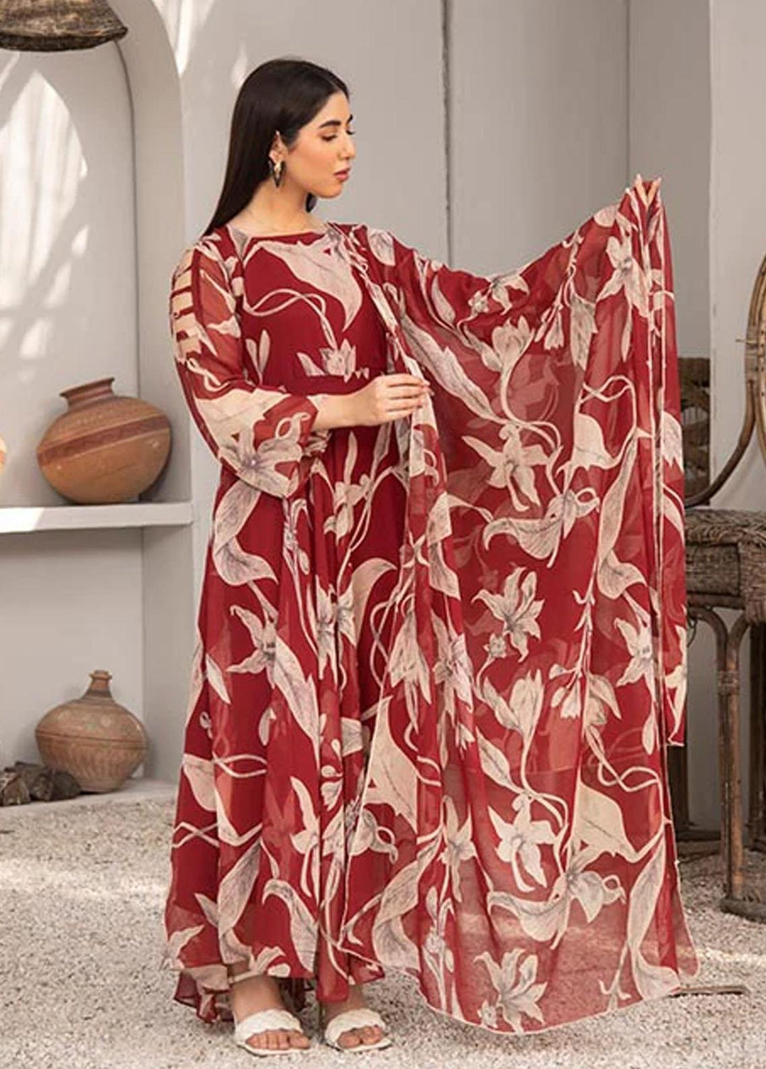 Nazmina Pret Printed Chiffon 2 Piece NZ23F FRT-08 Scarlet Leaves