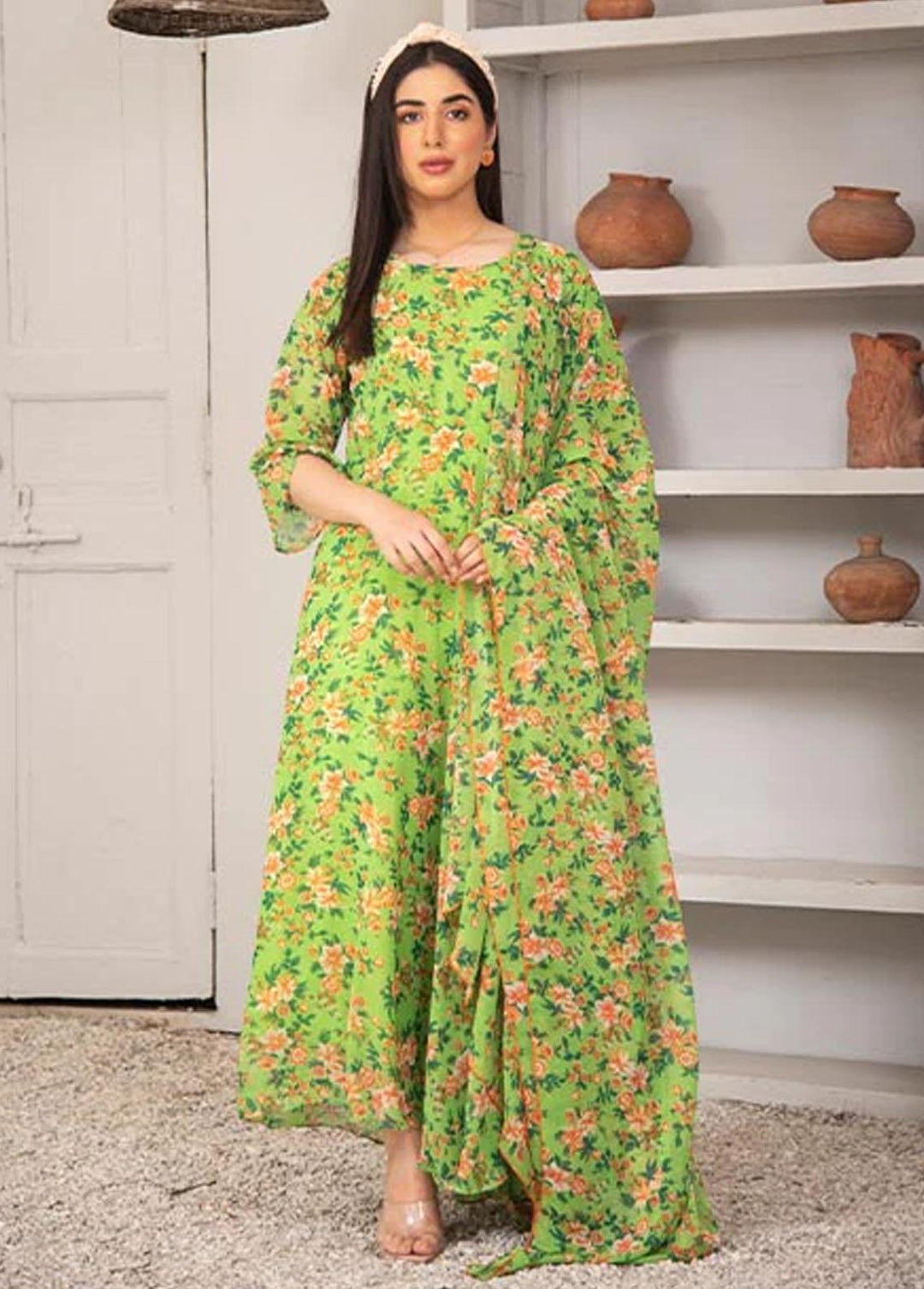 Nazmina Pret Printed Chiffon 2 Piece NZ23F FRT-11 Pea Green Bird