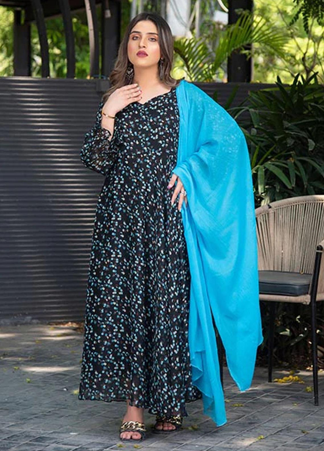 Nazmina Pret Printed Chiffon 2 Piece Suit FRT-24 Blue Bubbles