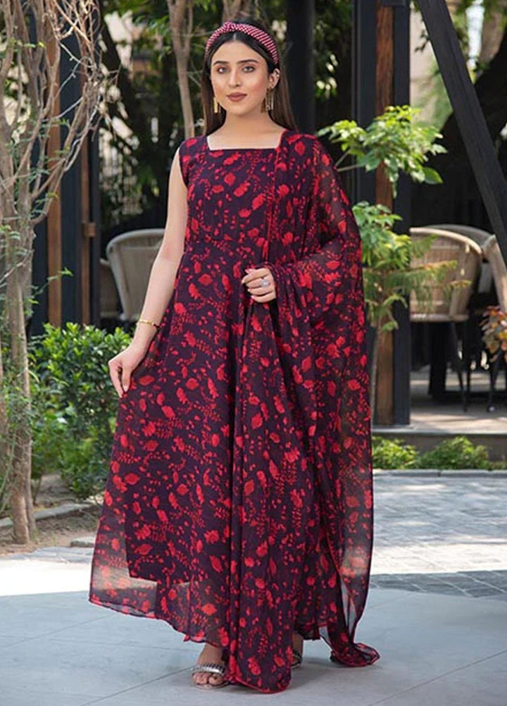 Nazmina Pret Printed Chiffon 2 Piece Suit FRT-25 Cerise leaflets