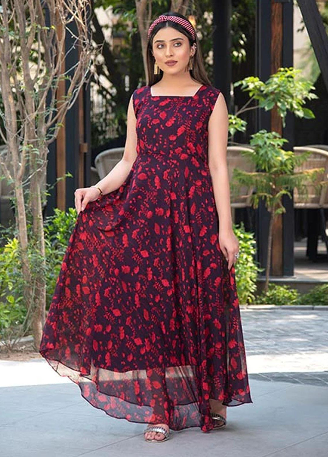 Nazmina Pret Printed Chiffon 2 Piece Suit FRT-25 Cerise leaflets