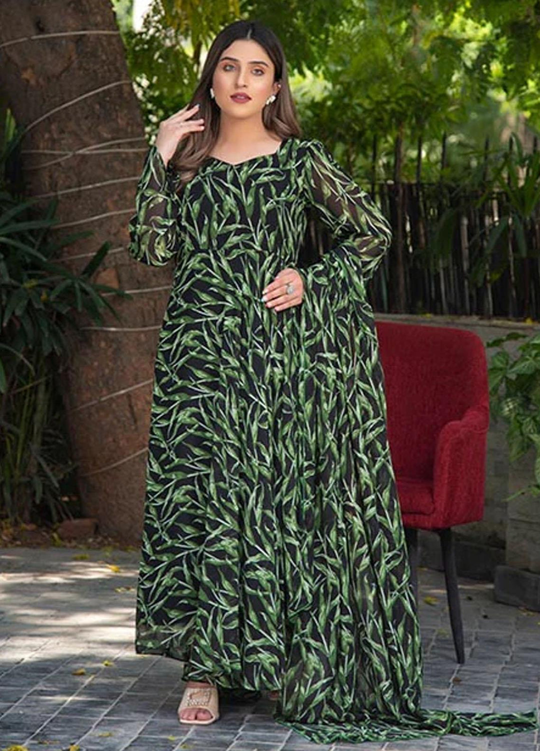 Nazmina Pret Printed Chiffon 2 Piece Suit FRT-29 Moss Leaves