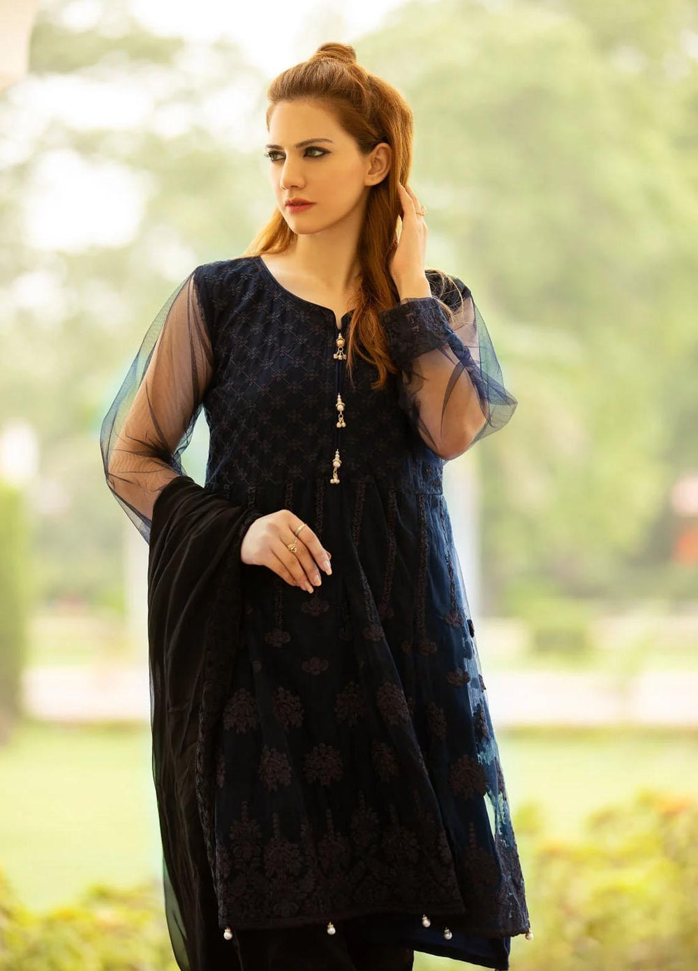 Garnet Clothing Pret Luxury Pret Embroidered Net Shirt ROYAL BLUE