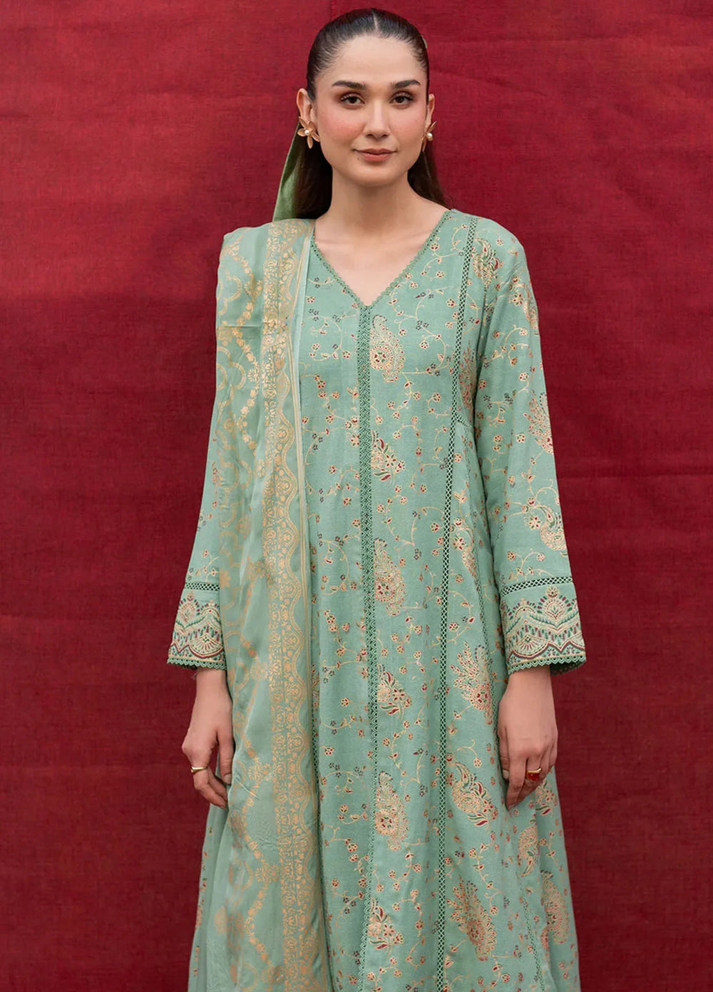 Garnet Pret Printed Karandi 3 Piece Suit Aquamarine