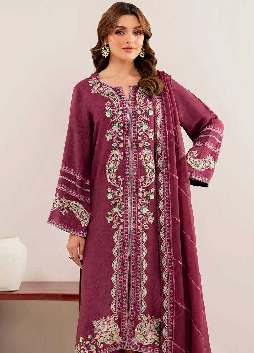 Garnet Pret Embroidered Raw Silk 3 Piece Suit Umbra