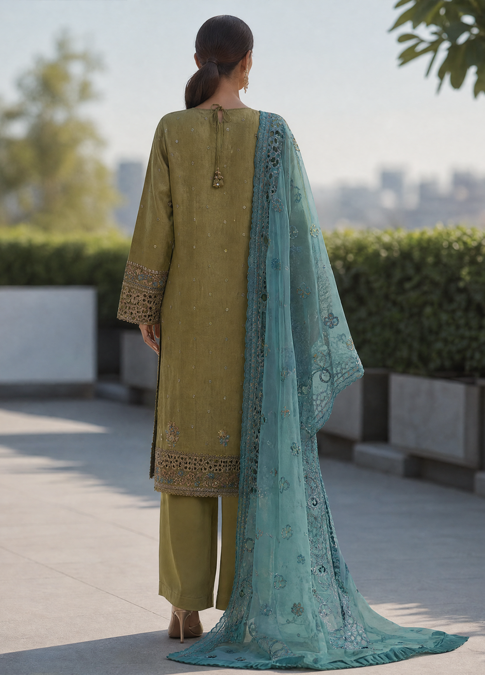 Falsafaa by HZ Textiles RTW Embroidered Organza 3 Piece Suit HZ26ULF HZK-235 Green - Festive Collection