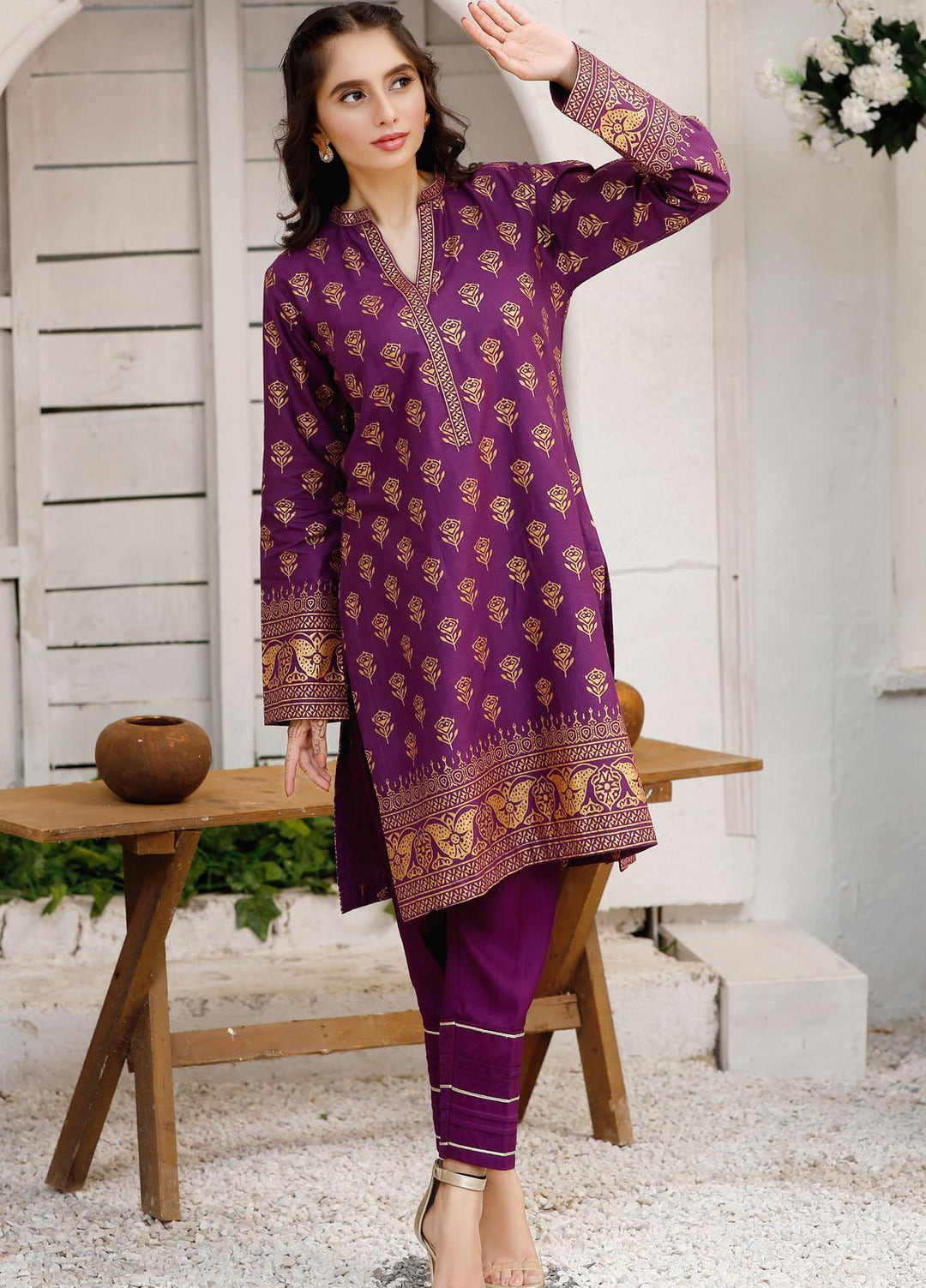 Modest Casual Pret  Cotton Shirt Nazneen W145-Purple