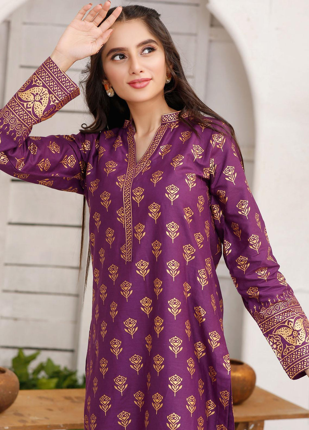 Modest Casual Pret  Cotton Shirt Nazneen W145-Purple