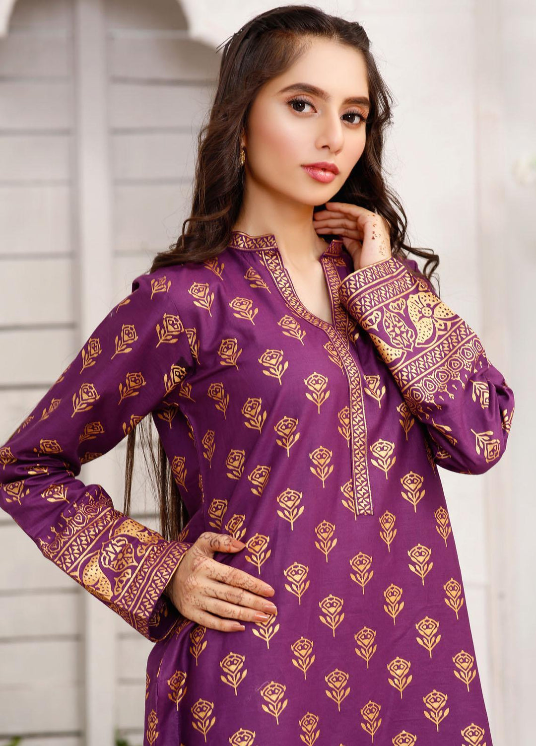 Modest Casual Pret  Cotton Shirt Nazneen W145-Purple