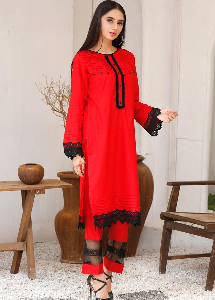 Modest Casual Pret  Cotton 2 Piece Dress Janaan W151-Red