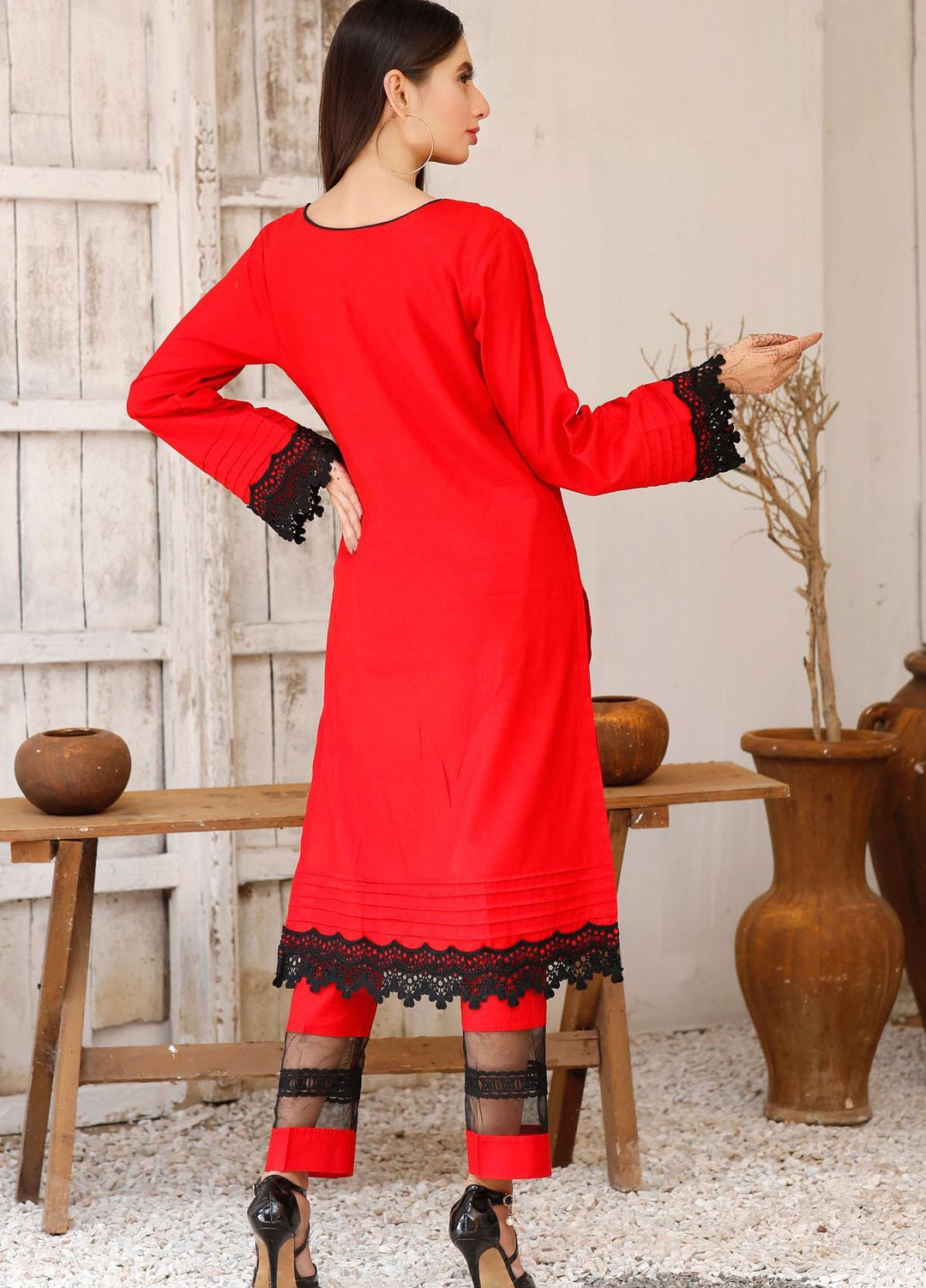Modest Casual Pret  Cotton 2 Piece Dress Janaan W151-Red
