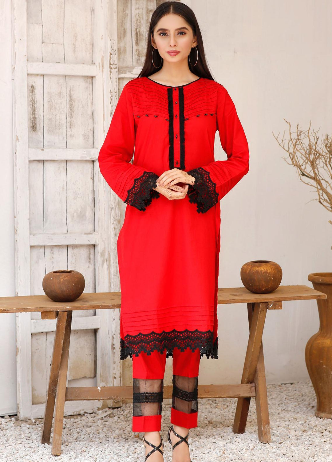 Modest Casual Pret  Cotton 2 Piece Dress Janaan W151-Red