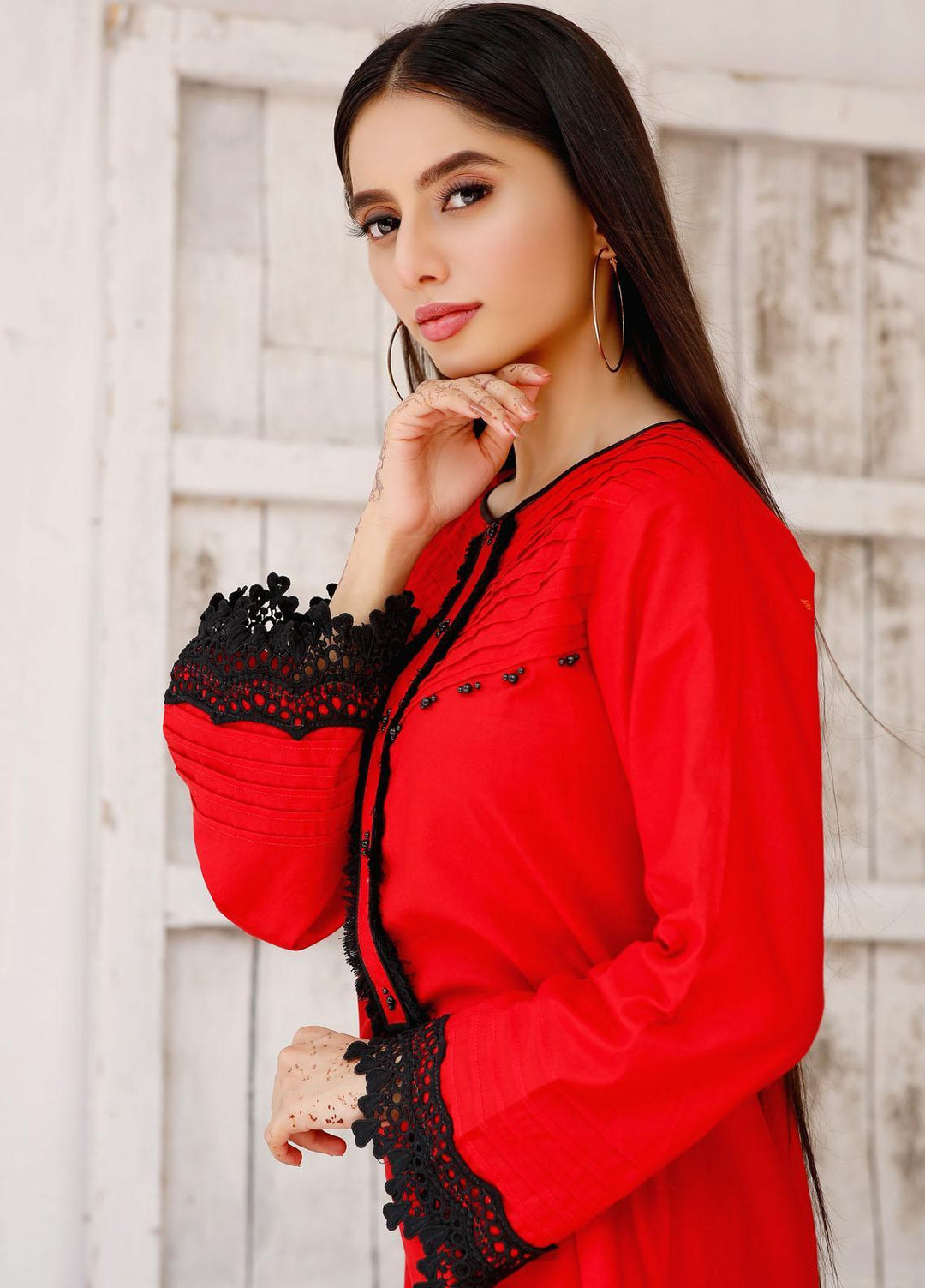 Modest Casual Pret  Cotton 2 Piece Dress Janaan W151-Red