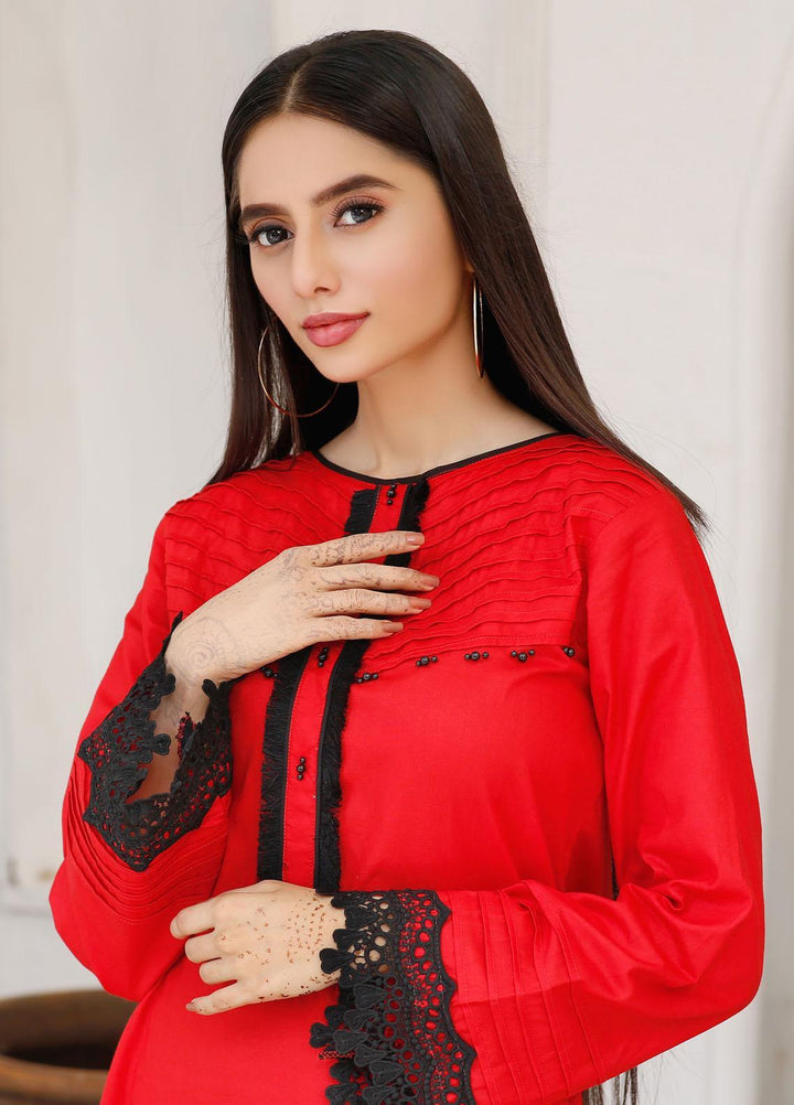 Modest Casual Pret  Cotton 2 Piece Dress Janaan W151-Red