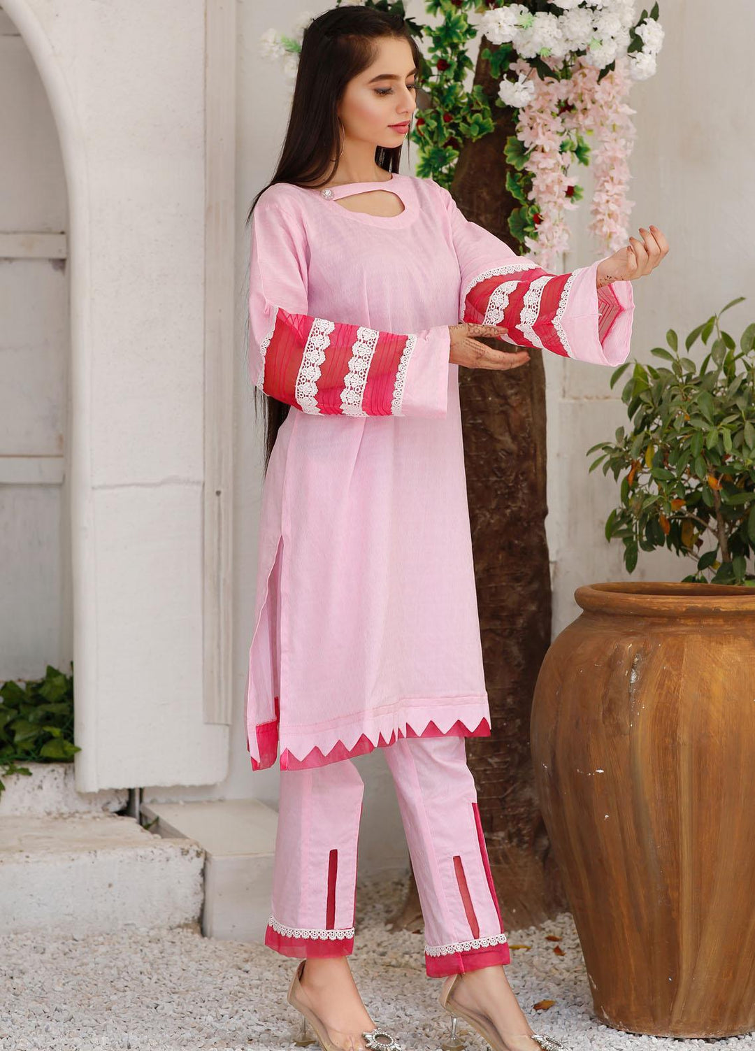 Modest Casual Pret  Cotton 2 Piece Dress Maahru W147-Baby Pink