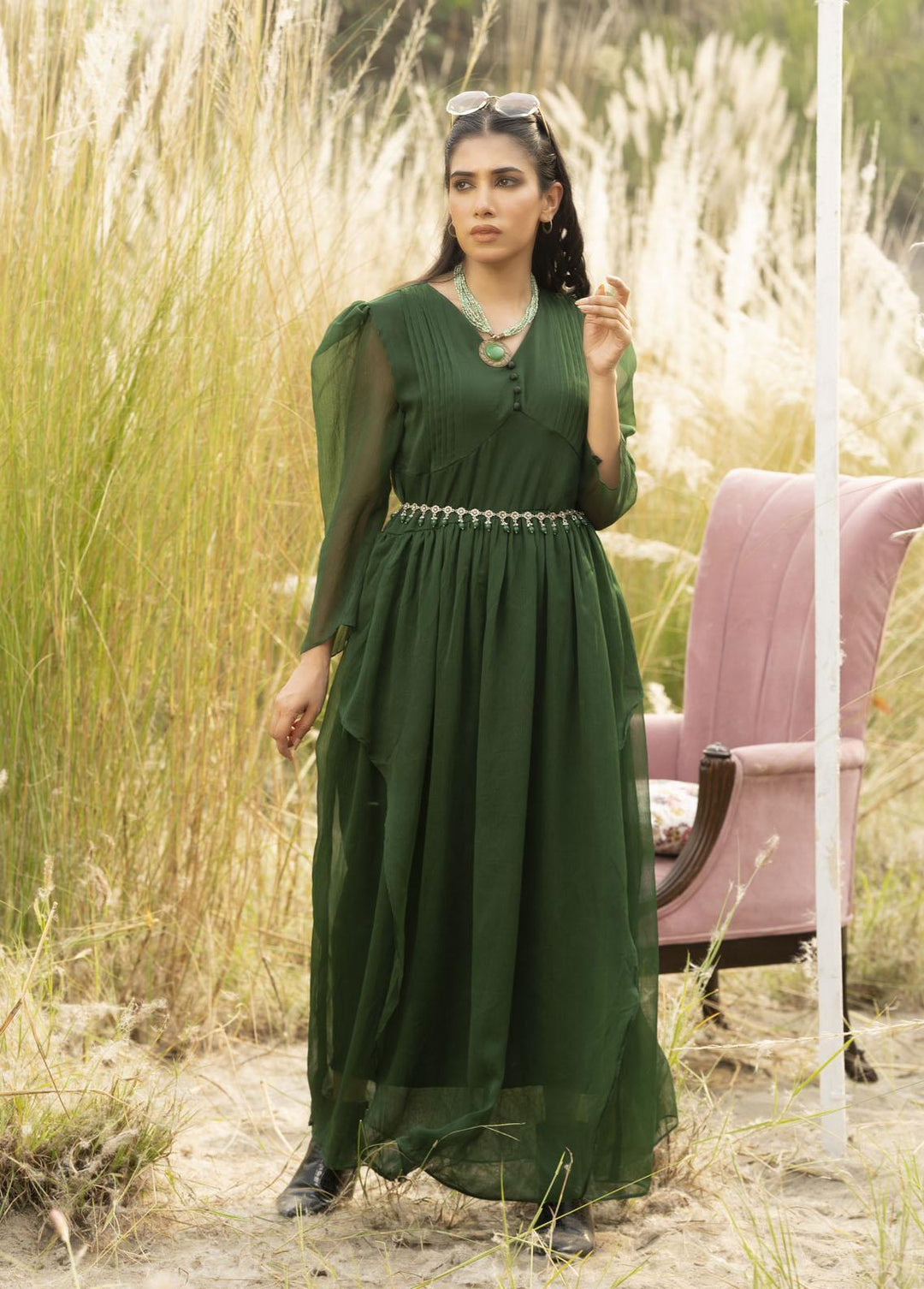 Nazmina Pret Flared Layer  Maxi FR-680 Patriotic Green