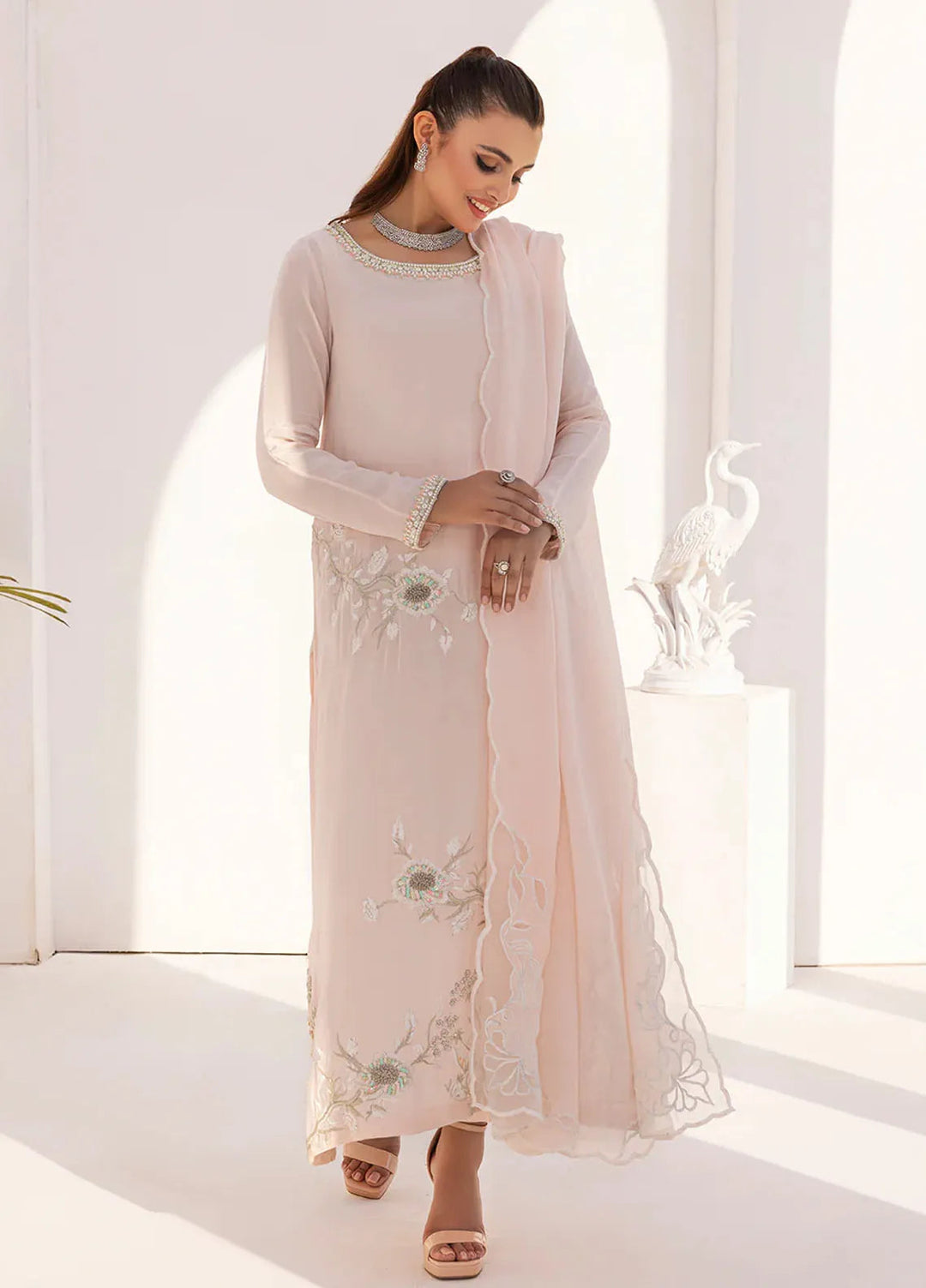 Grandeur Pret Embroidered Katan Silk 3 Piece Suit Blush