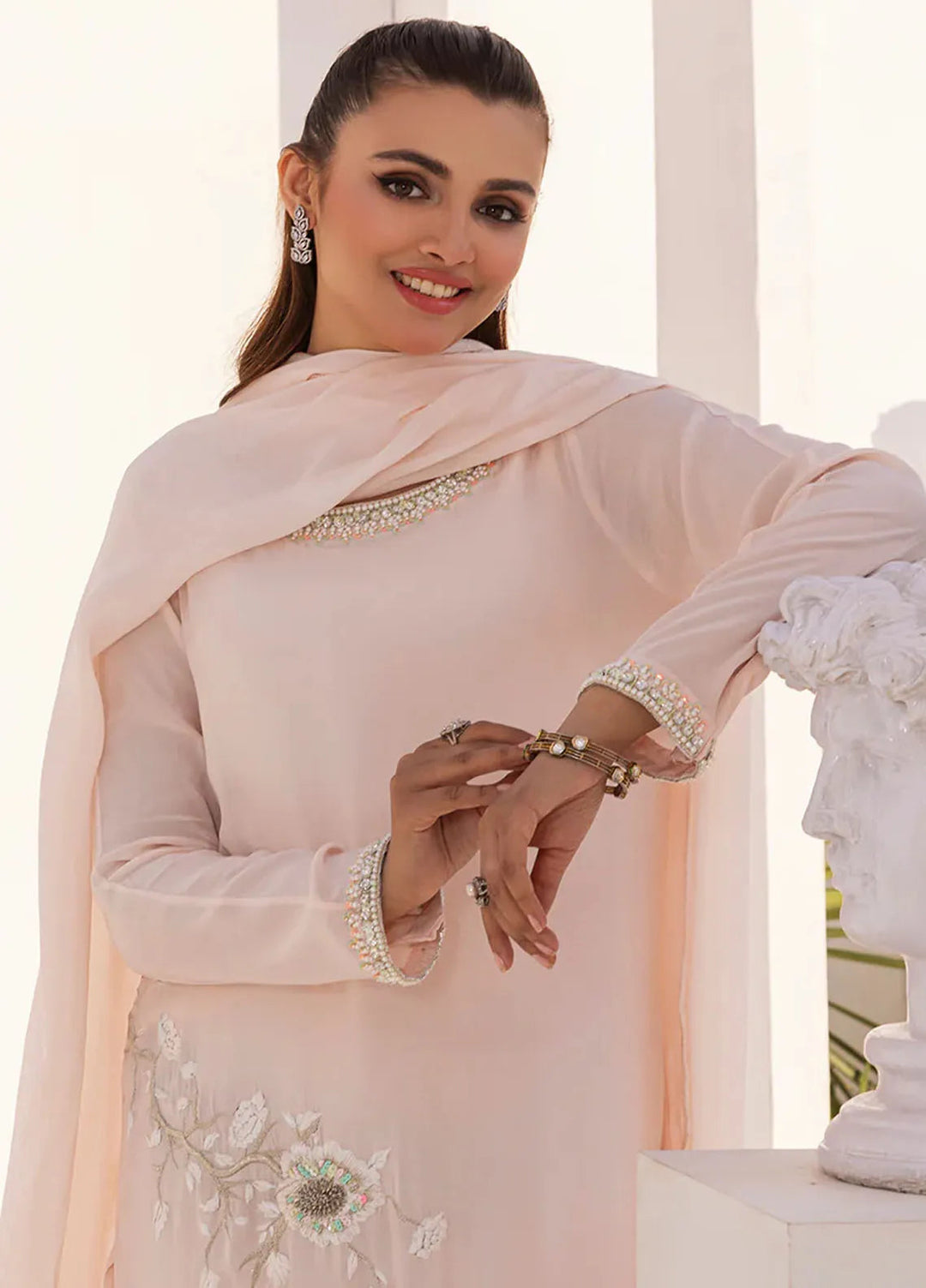 Grandeur Pret Embroidered Katan Silk 3 Piece Suit Blush