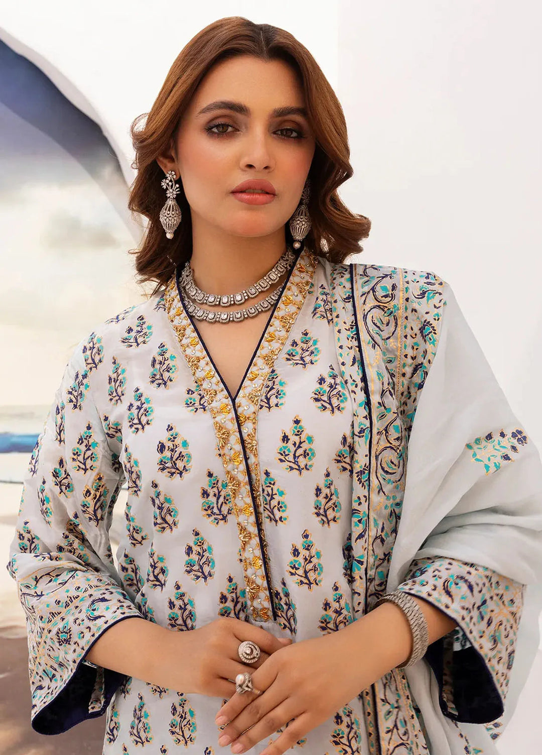 Grandeur Pret Embroidered Katan Silk 3 Piece Suit Serene