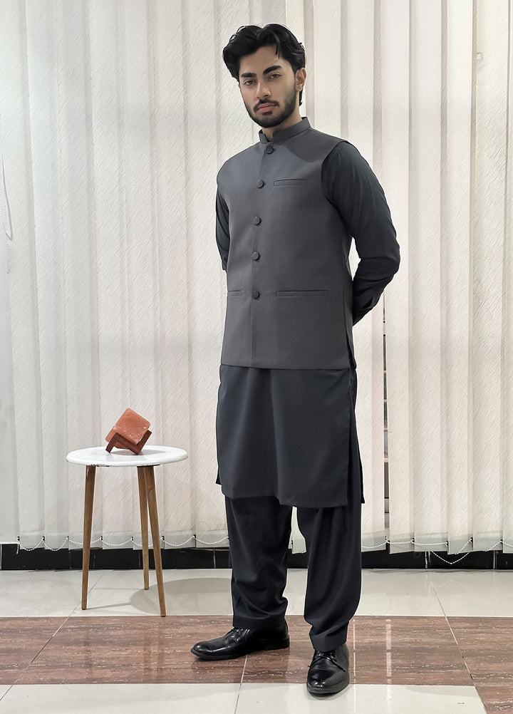 Gray Kurta Shalwar with Waistcoat