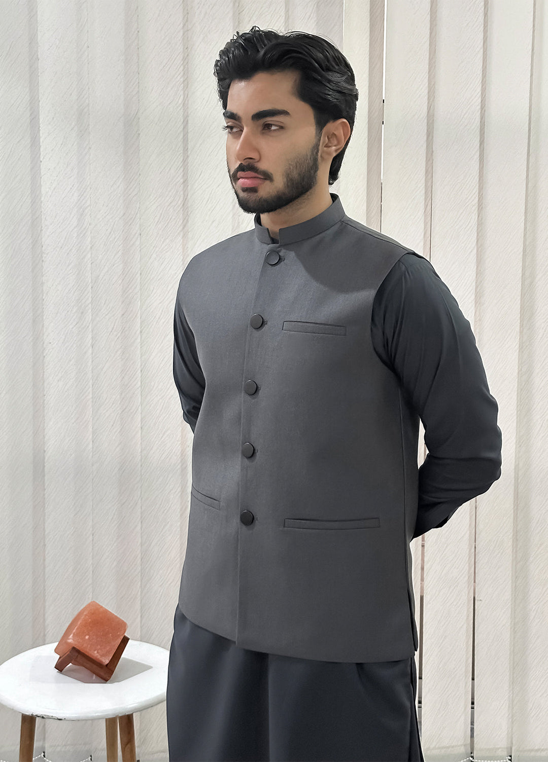 Gray Kurta Shalwar with Waistcoat