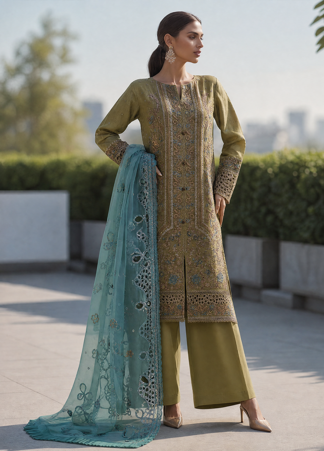 Falsafaa by HZ Textiles RTW Embroidered Organza 3 Piece Suit HZ26ULF HZK-235 Green - Festive Collection
