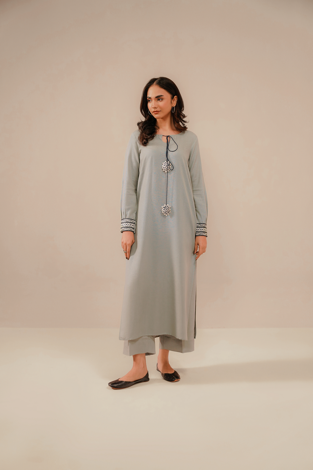 Divinely Crafted Pret Embroidered Silk Karandi 2 Piece Sliver Haze