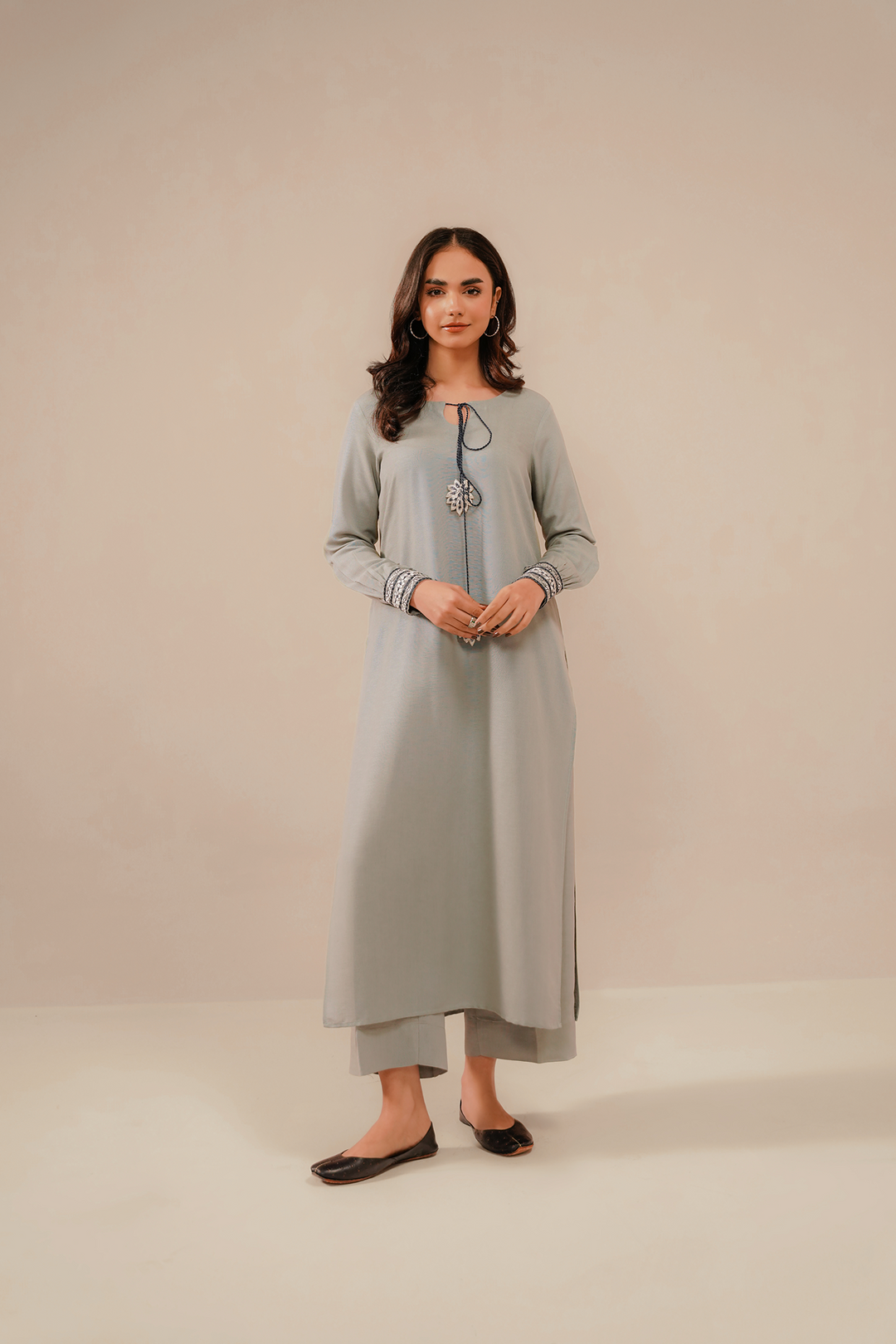 Divinely Crafted Pret Embroidered Silk Karandi 2 Piece Sliver Haze