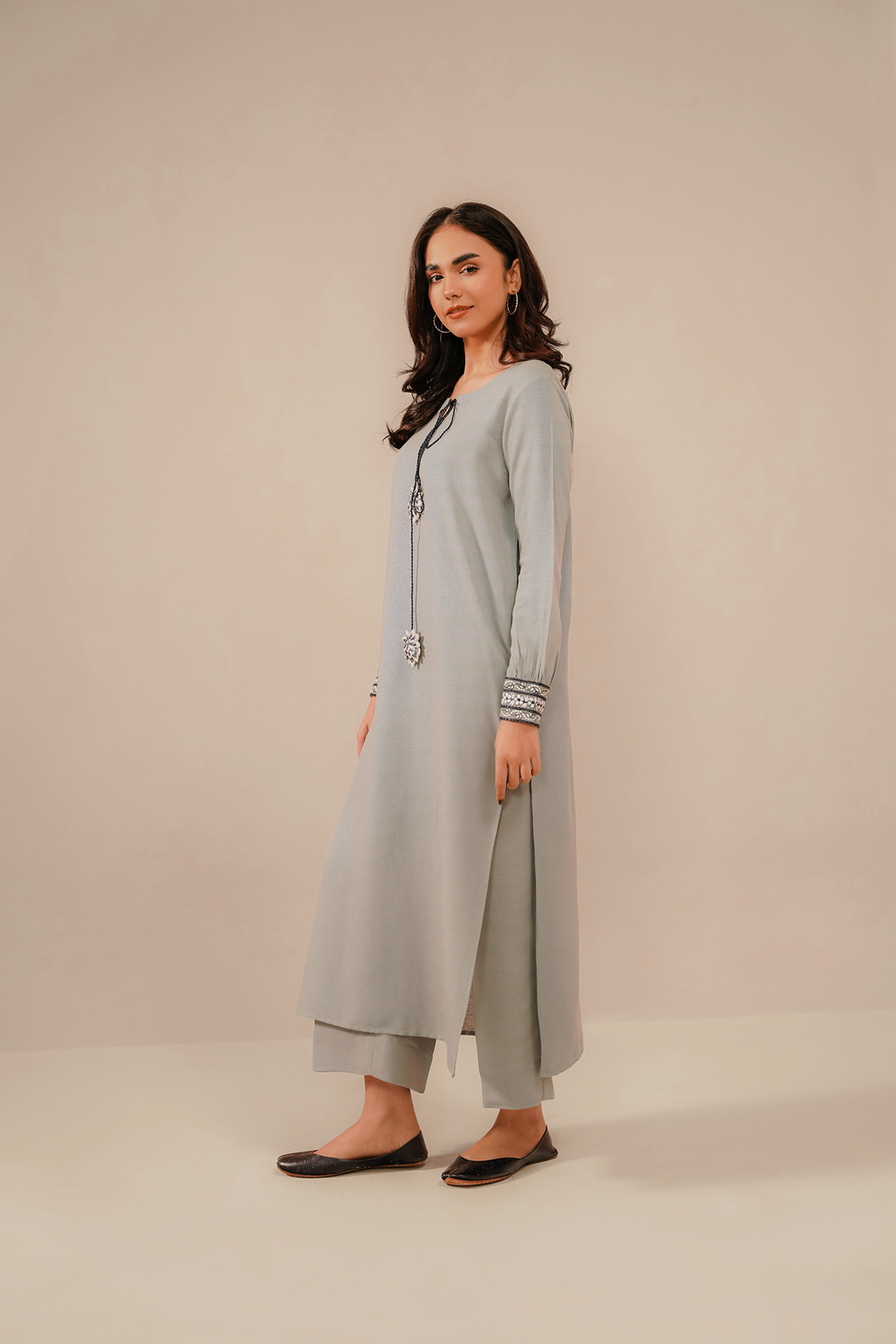 Divinely Crafted Pret Embroidered Silk Karandi 2 Piece Sliver Haze