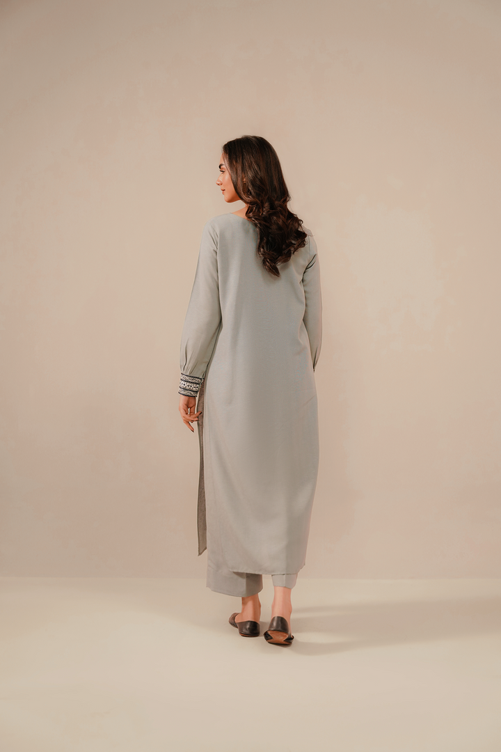 Divinely Crafted Pret Embroidered Silk Karandi 2 Piece Sliver Haze