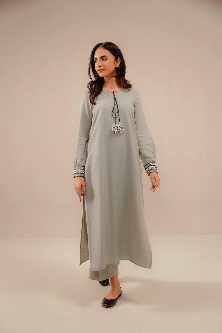 Divinely Crafted Pret Embroidered Silk Karandi 2 Piece Sliver Haze