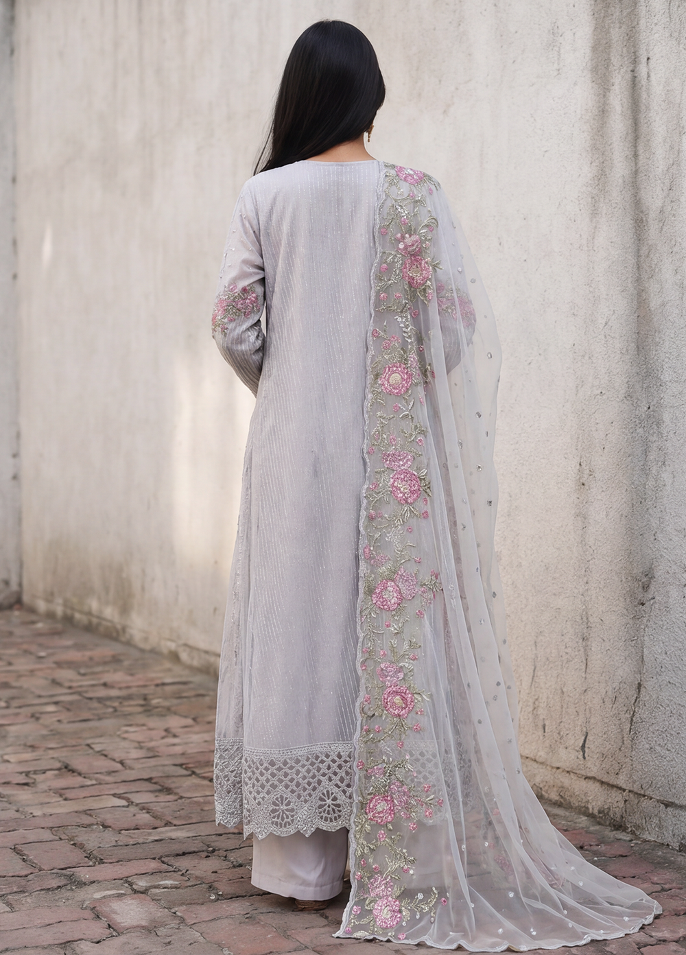 Falsafaa by HZ Textiles RTW Embroidered Organza 3 Piece Suit HZ26ULF HZK-237 C.Blue - Festive Collection