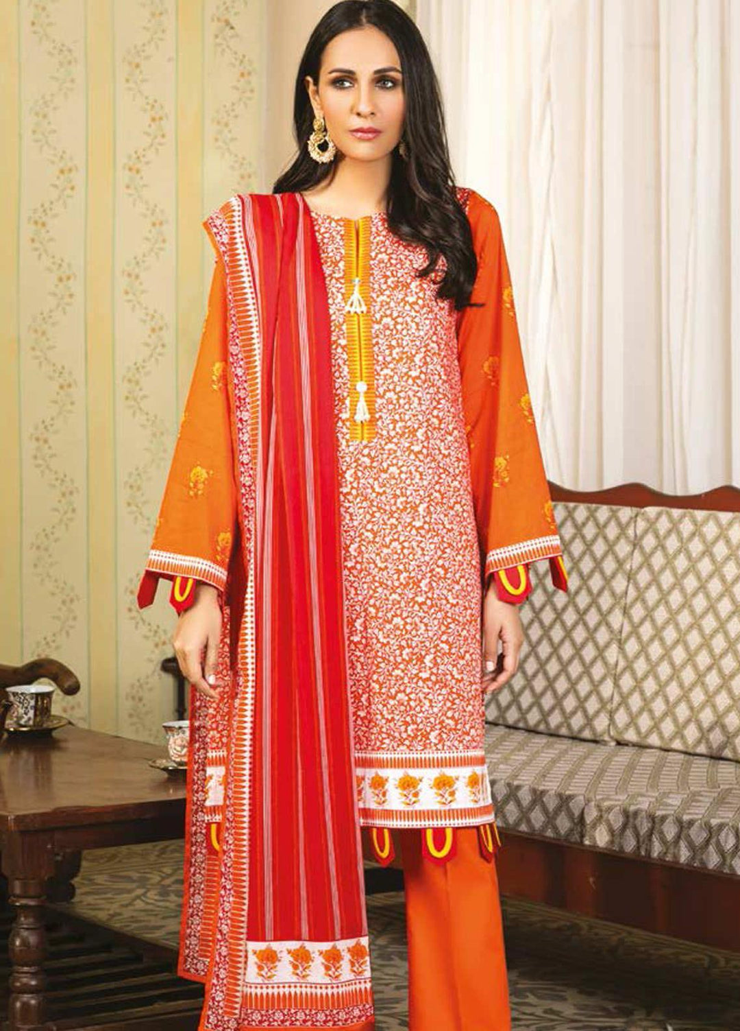 Guftagu by Orient Textiles Printed Lawn Suits Unstitched 3 Piece OT21G D-055-Orange - Festive Collection