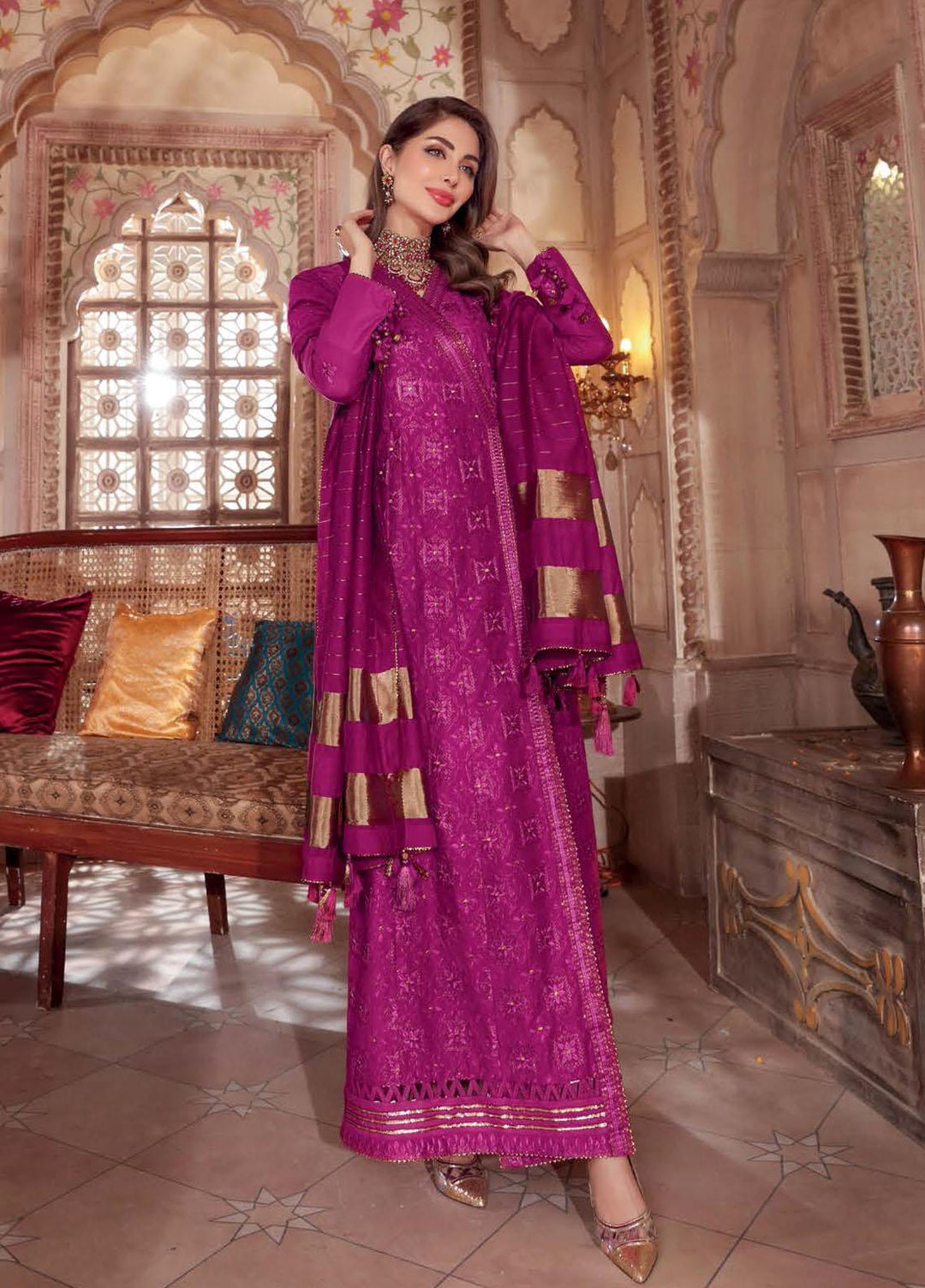 Gul Ahmed Embroidered Zari Suits Unstitched 3 Piece GA22LF FE12195 - Luxury Eid Collection