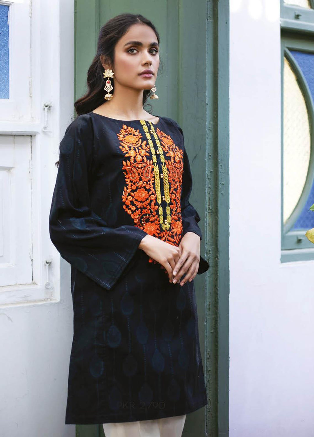 Orient Textile Embroidered Jacquard  Unstitched Kurties OTL-21-032 Black - Summer Collection