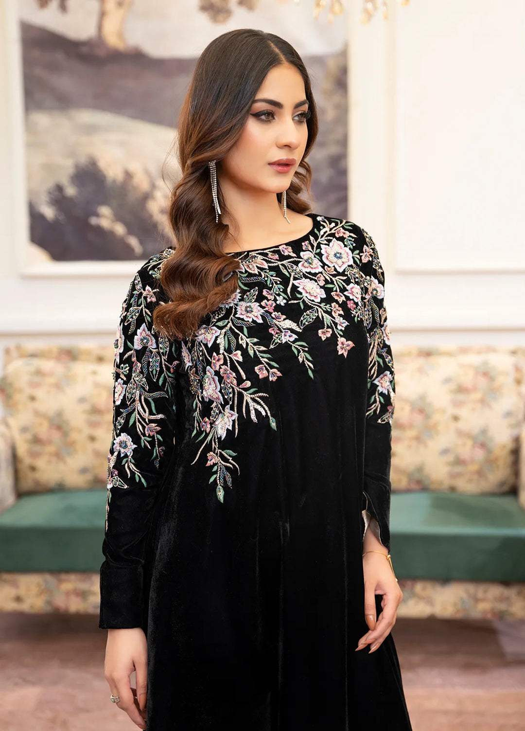 Hadia Batool Pret Embroidered Velvet 3 Piece Suit Kanari
