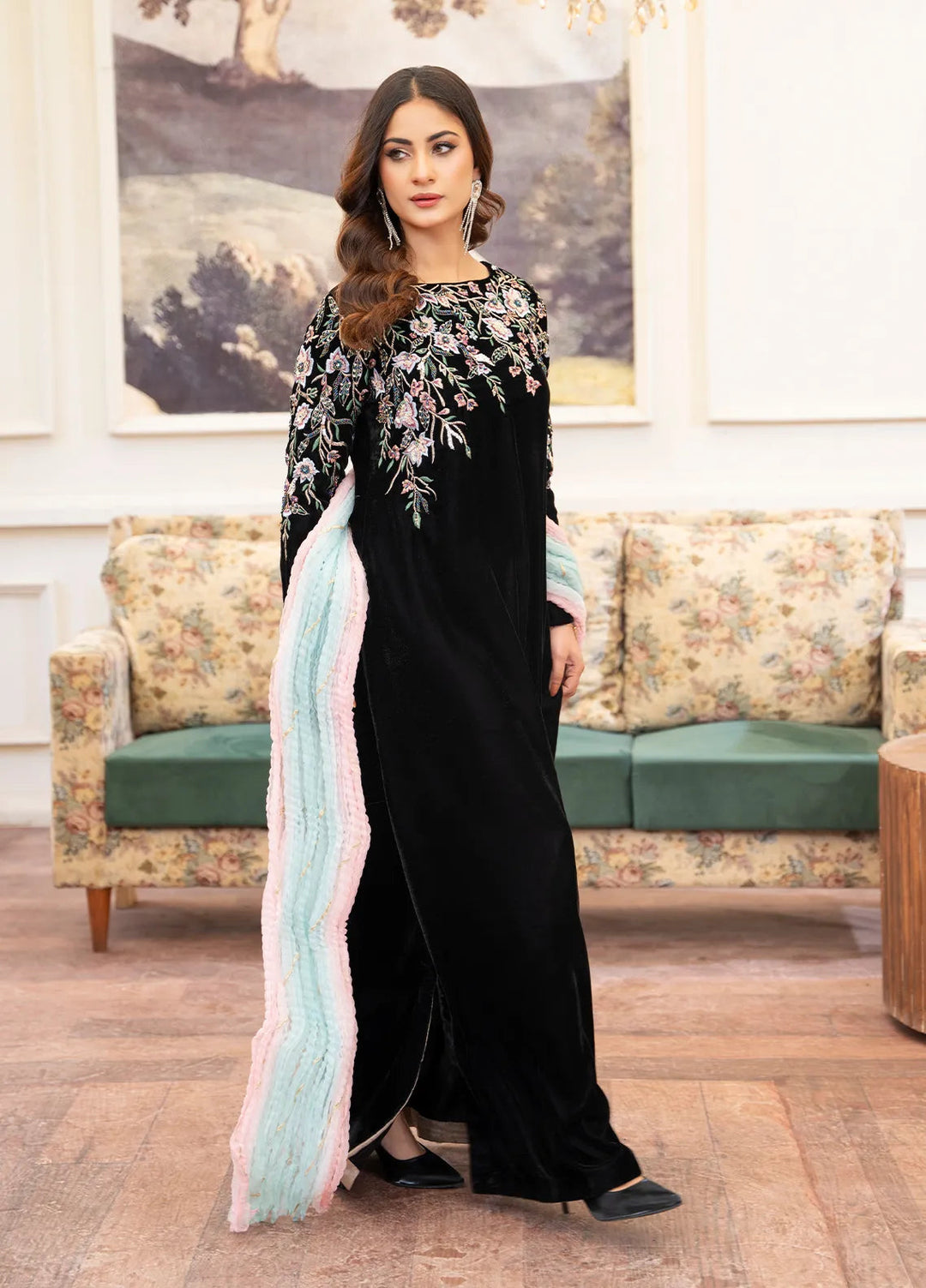 Hadia Batool Pret Embroidered Velvet 3 Piece Suit Kanari