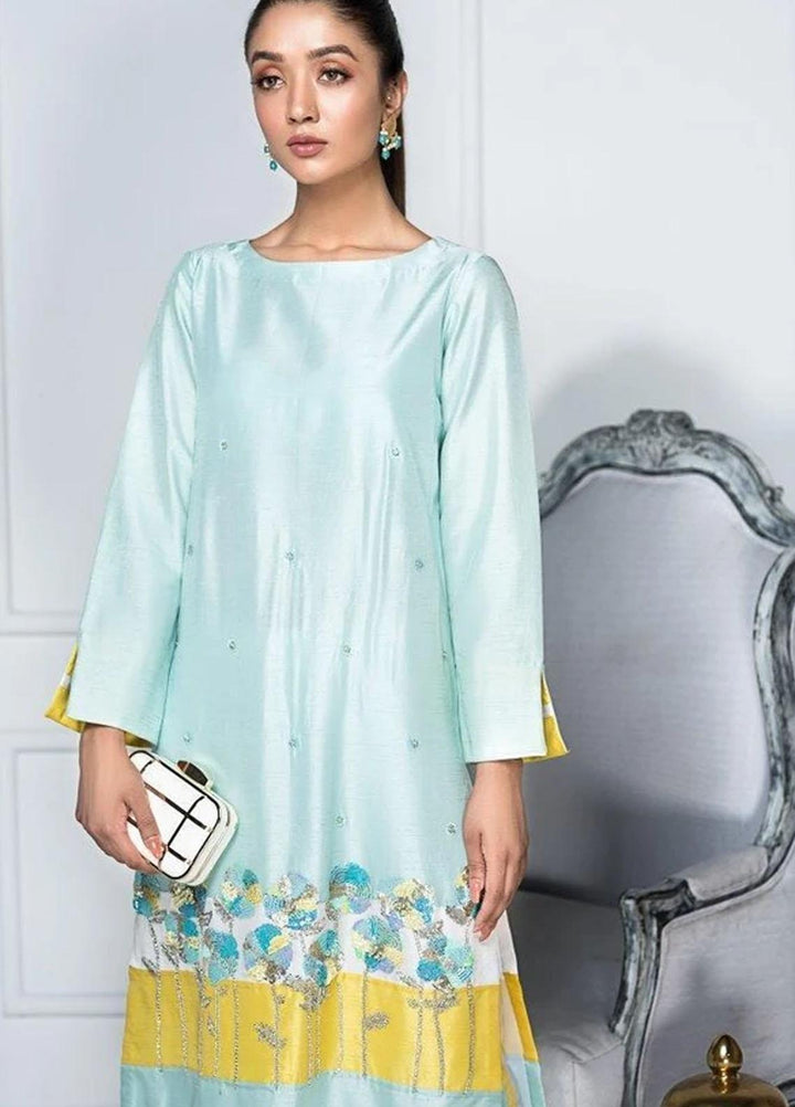 Hana Luxury Pret Embroidered Raw Silk 2 Piece Dress Blue Lagoon