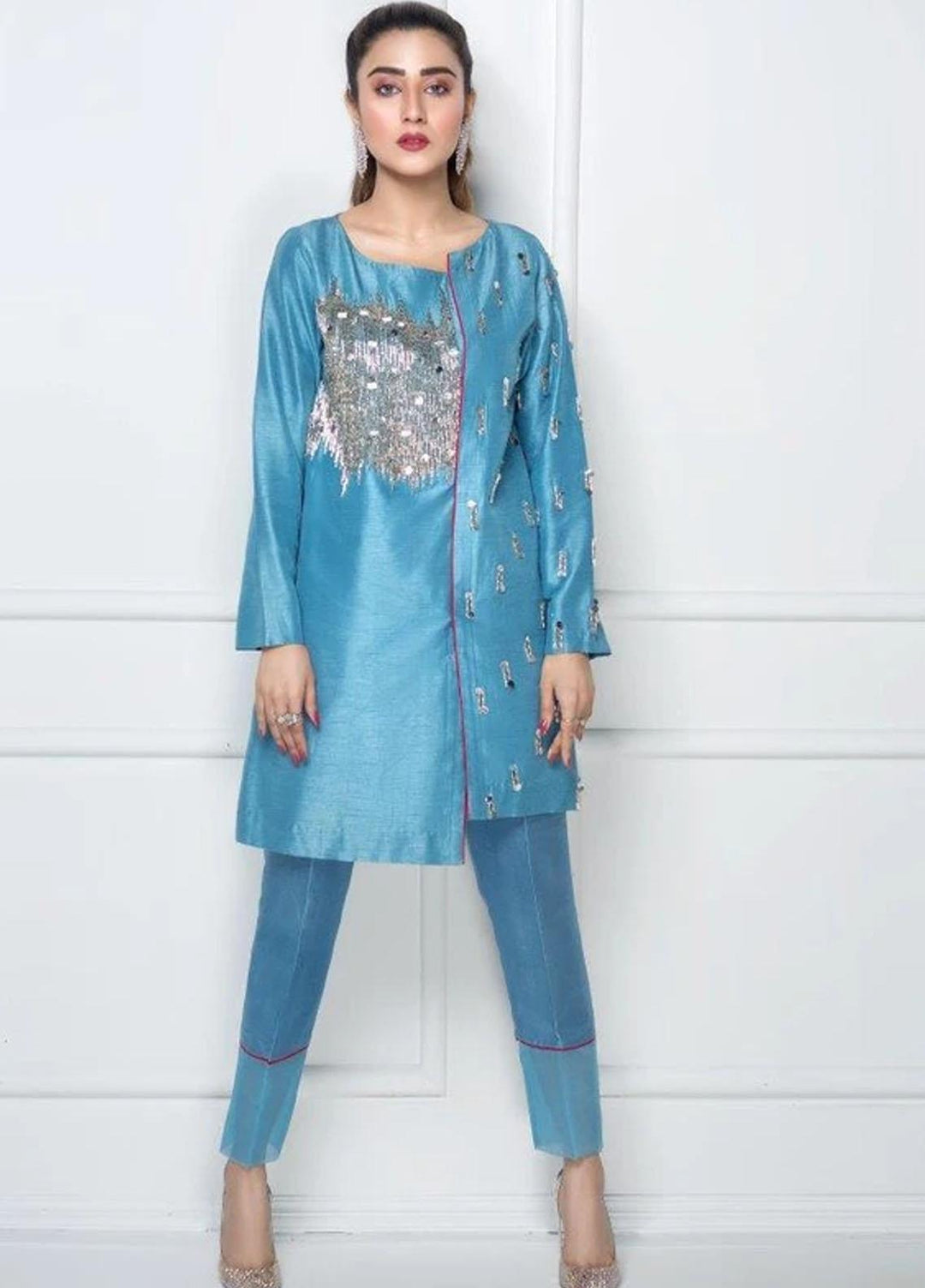 Hana Luxury Pret Embroidered Raw Silk 2 Piece Dress Cerulian Spark