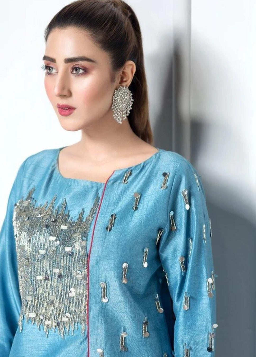 Hana Luxury Pret Embroidered Raw Silk 2 Piece Dress Cerulian Spark