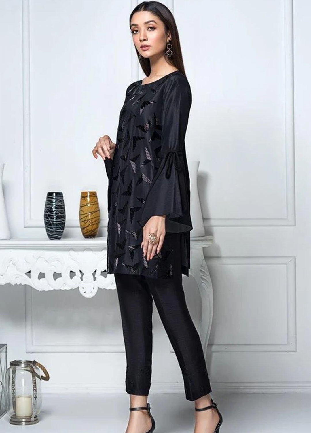 Hana Luxury Pret Embroidered Raw Silk 2 Piece Dress Midnight Raven